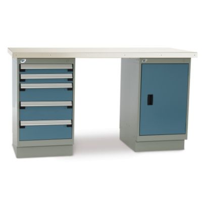 Rousseau Workbenches With One Cabinet And One 5-Drawer Pedestal - 3", 6" Front Drawer Heights - 60X30" Maple Top