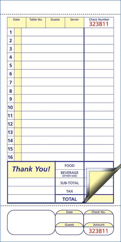 3 Part Padded, Tag Guest Check, Carbonless, 4.25 x 8.5, per 2,000
