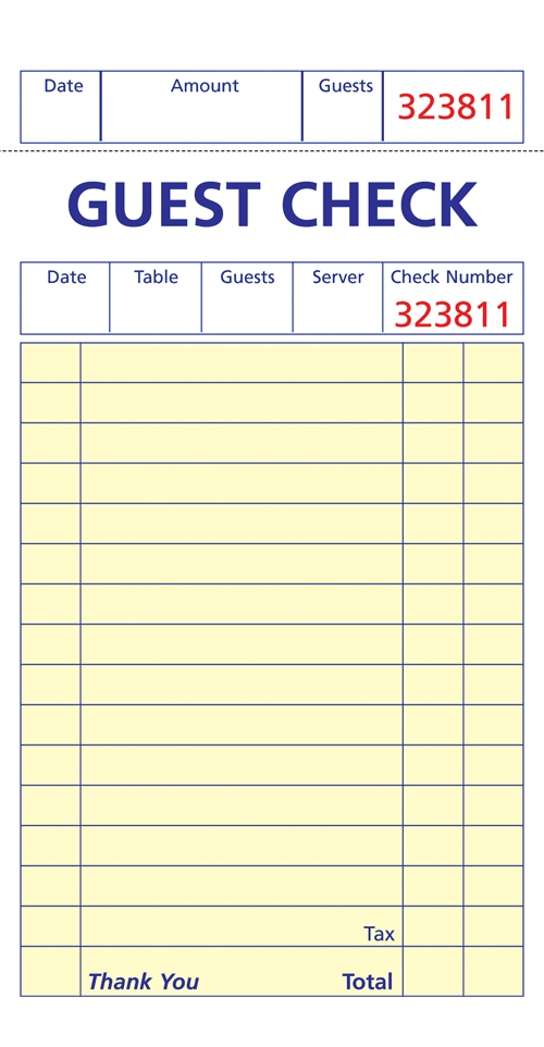 1 Part Padded, Bond Guest Check, 3.38 x 6.5, per 10,000