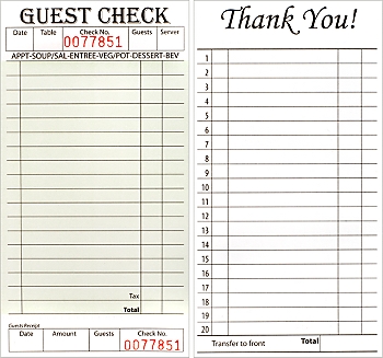 Stapled, 3⅜ x 6¾, 1 Part Guest Checks, Standard Tag, per 2,000