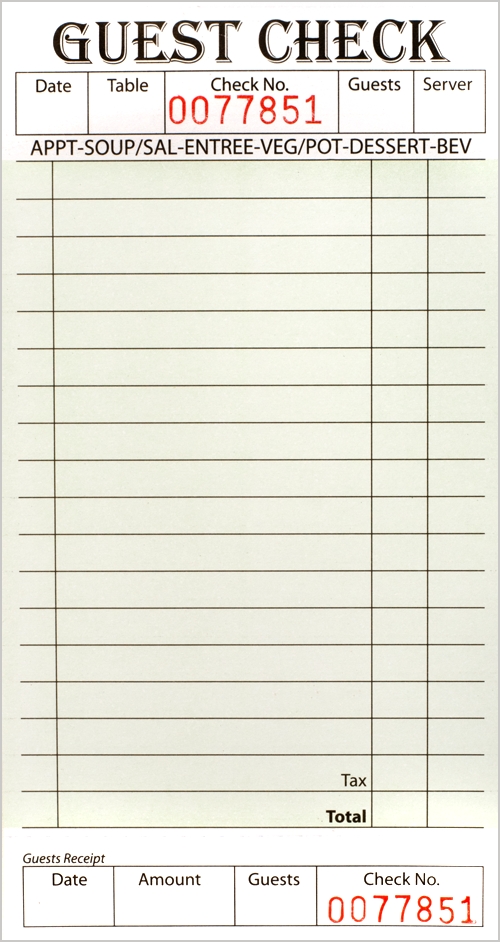 3⅜ x 6¾, Standard Tag, 1 Part Guest Checks