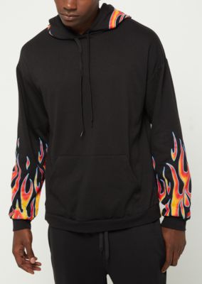 white hoodie with flames on sleeves