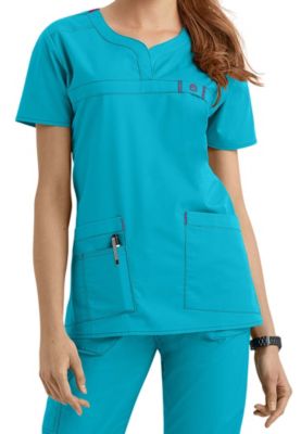 WonderFlex Patience Curved Notch Neck Scrub Tops - Aqua - 2X