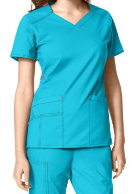 WonderFlex Charity Y-neck Scrub Tops - Aqua - L