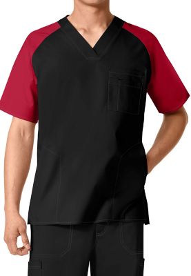WonderFlex Men's Color Block V-neck Scrub Tops - Black/Red
