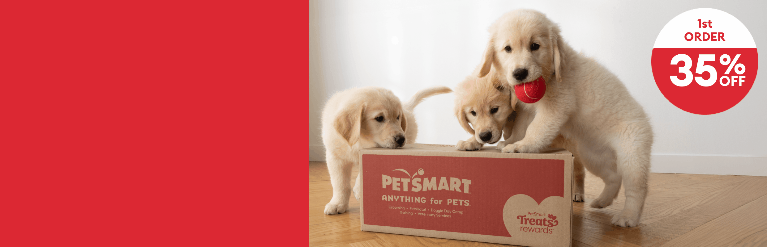 Three golden retriever puppies around a PetSmart box with a red graphic that says 1st order 35% off, 2nd order 20% off & 3rd order 10% off