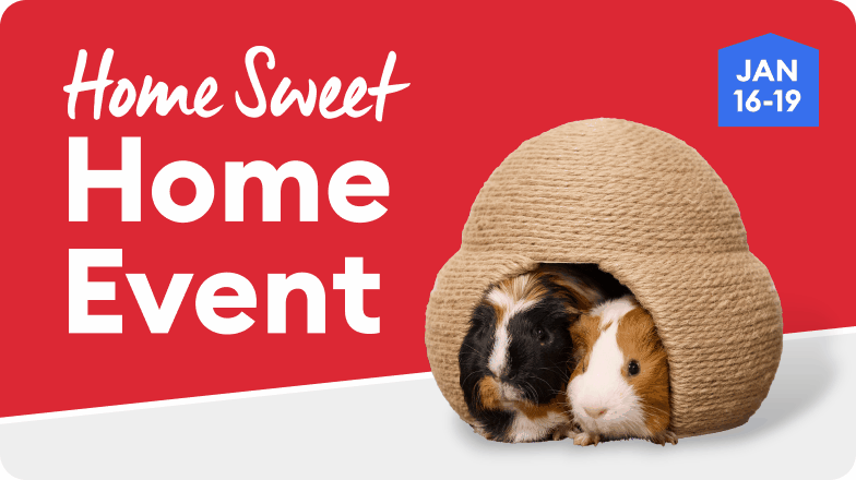 Home Sweet Home Event Jan 16-19 banner with two guinea pigs inside a woven hideaway, white dog jumping, cat playing with a ball & a turtle