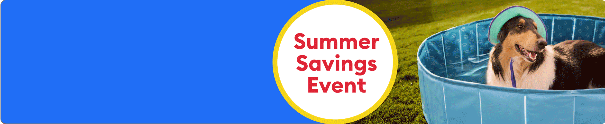 Summer Savings Event callout & a dog laying in a pool