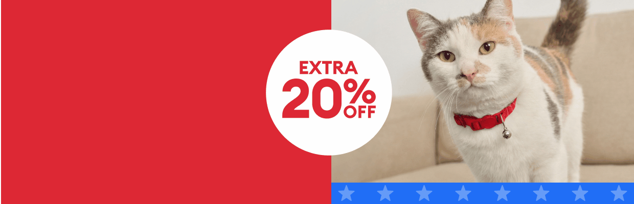 Cat, dog, small pet & reptile animation, extra 20% off callout & blue stripe with star illustrations