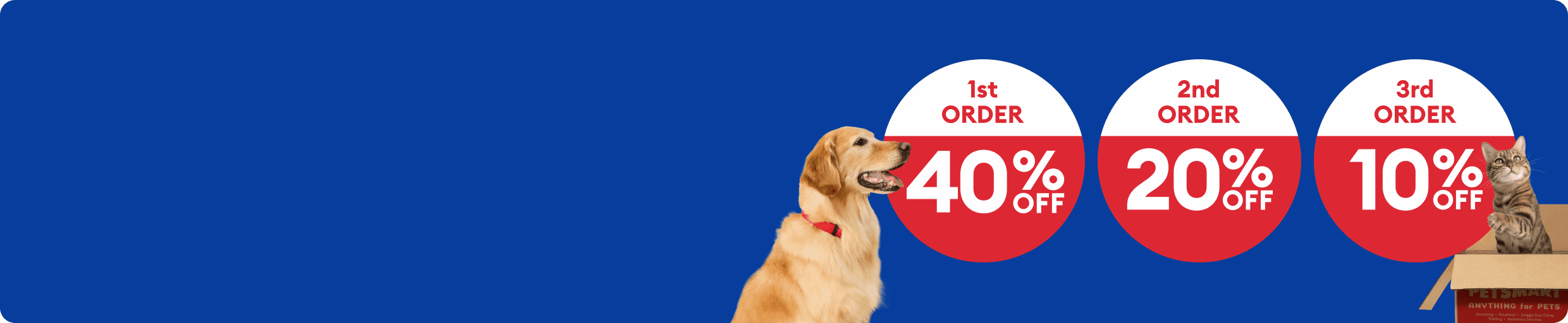 Autoship savings callout with a Golden retriever in a red collar and a brown cat coming out of a box.