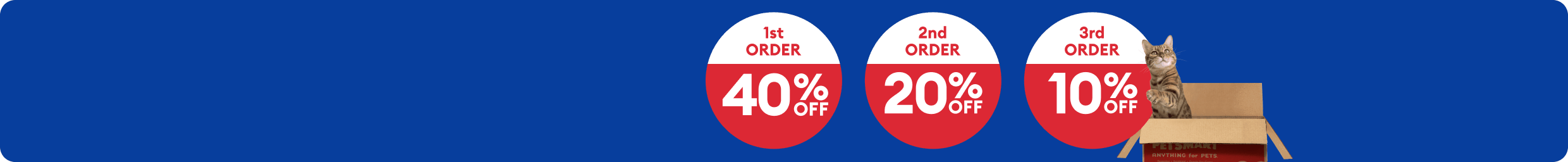 A cat, a PetSmart box, and 3 badges reading: 1st order, 40% OFF, 2nd order, 20% OFF, and 3rd order, 10% off