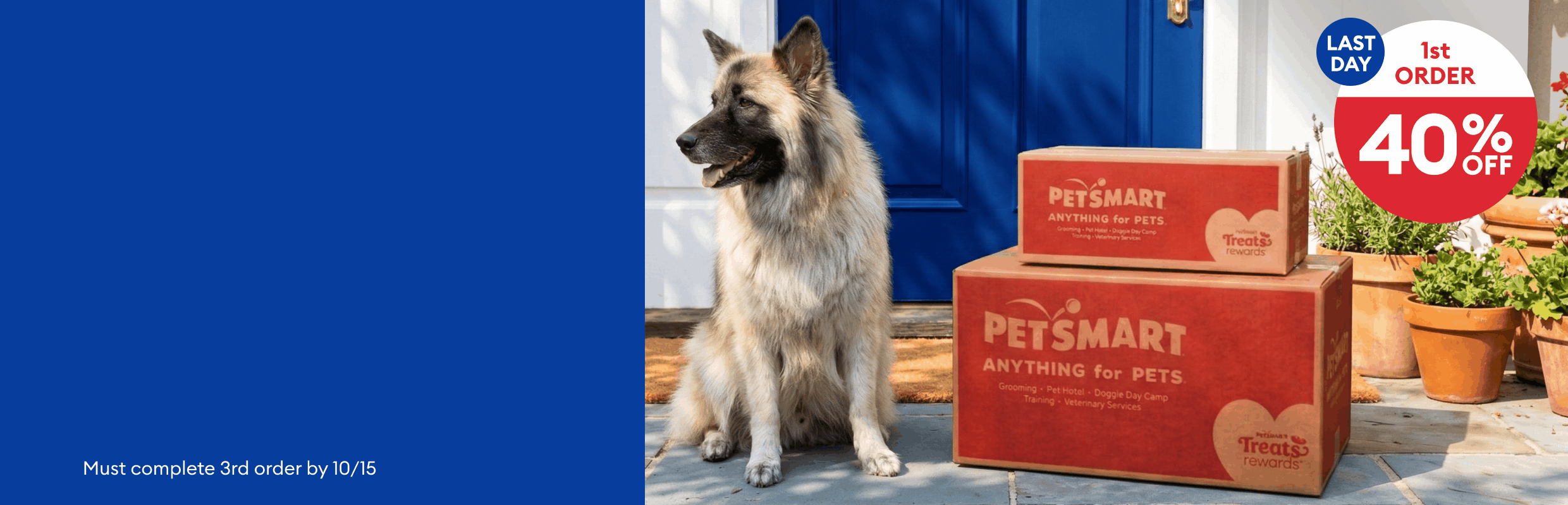 Dog next to boxes, disclaimer: Must complete 3rd order by 10/15 & callout: 1st order 40% off, 2nd order 20% off, 3rd order 10% off, last day