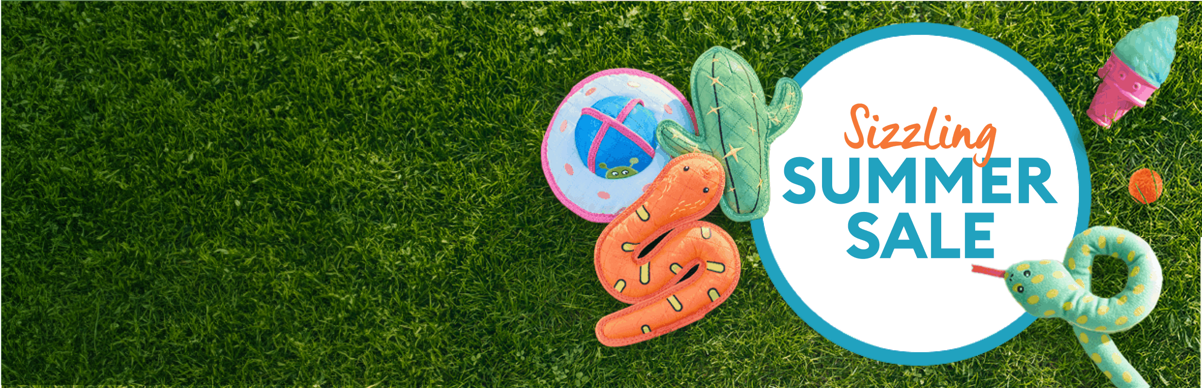 Sizzling Summer Sale, Extra 20% Off banner with green grass, pool toys & other summer accessories