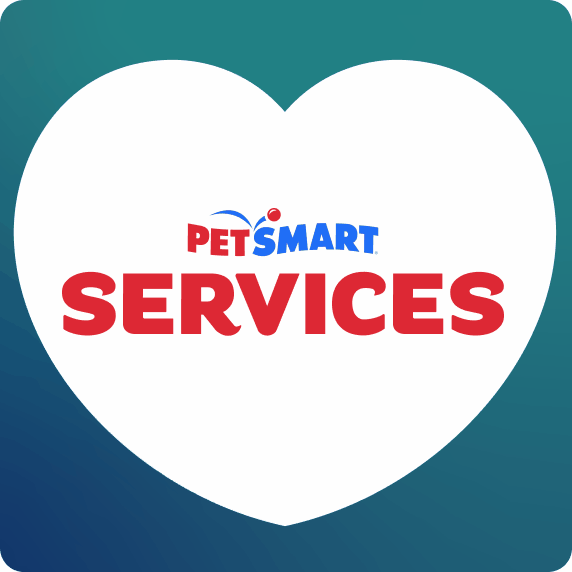 PetSmart Services logo, Training logo, Doggie Day Camp logo, Grooming logo & PetsHotel logo on a white heart background