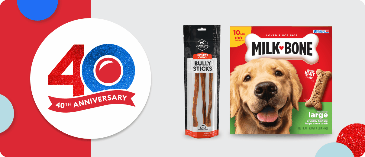 40th Anniversary graphic, bully sticks & Milk-Bone dog treats