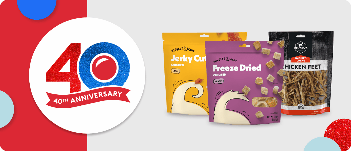 40th Anniversary graphic, two packages of Wiggles & Wags dog treats and a package of Dentley's dog treats