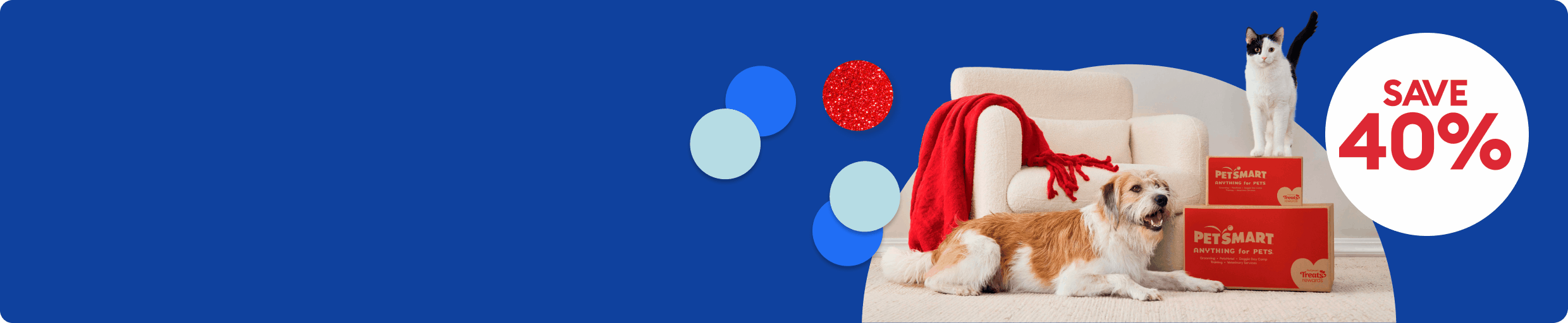 Save 40% & last day callouts, a dog lying on the floor near PetSmart boxes that a black-and-white cat is standing on