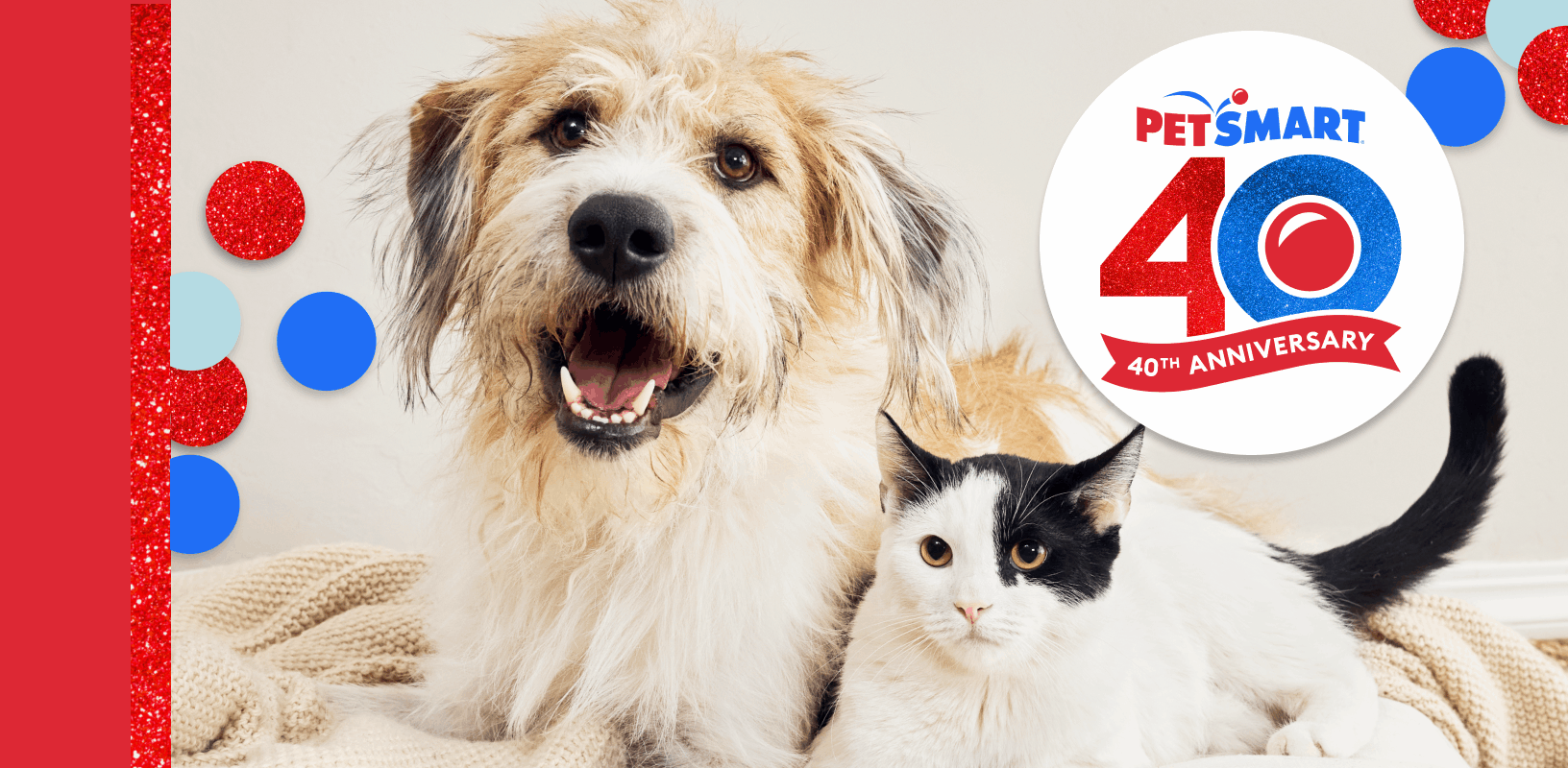 Dog and black-and-white cat lying together, a PetSmart 40th anniversary logo with confetti accents & last day callout