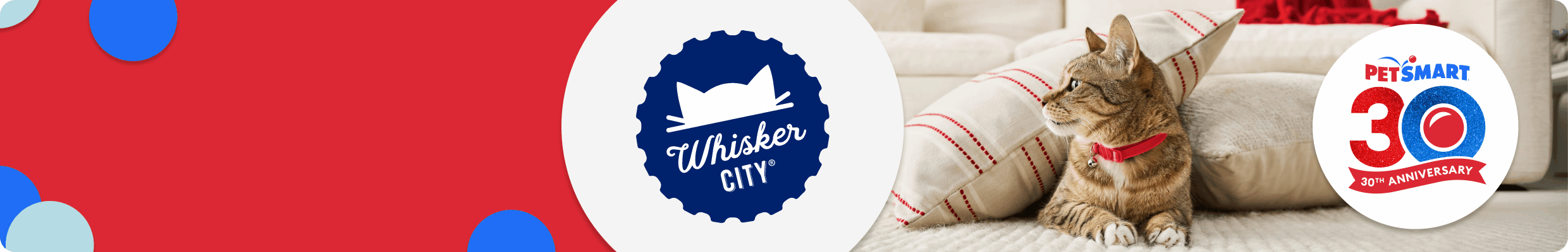 30th anniversary banner with a cat lying on the floor under pillows & logos for Whisker City, Viva La Kitty & ExquisiCat