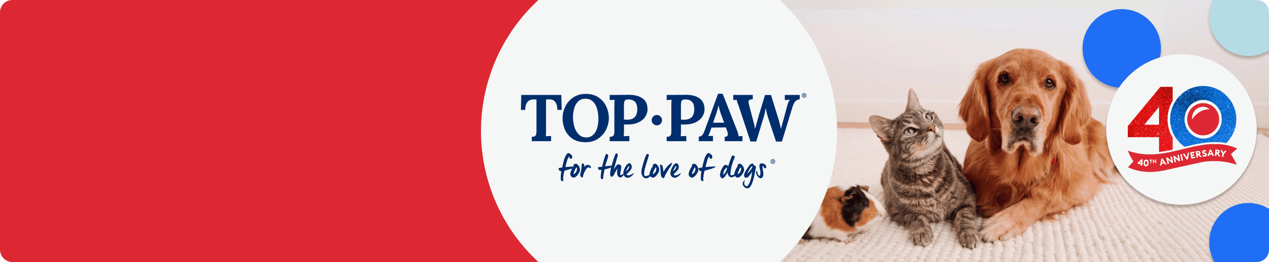 40th anniversary banner with three pets and logos for Top Paw, Whisker City, Simply Nourish, Authority, Wiggles & Wags and Top Fin
