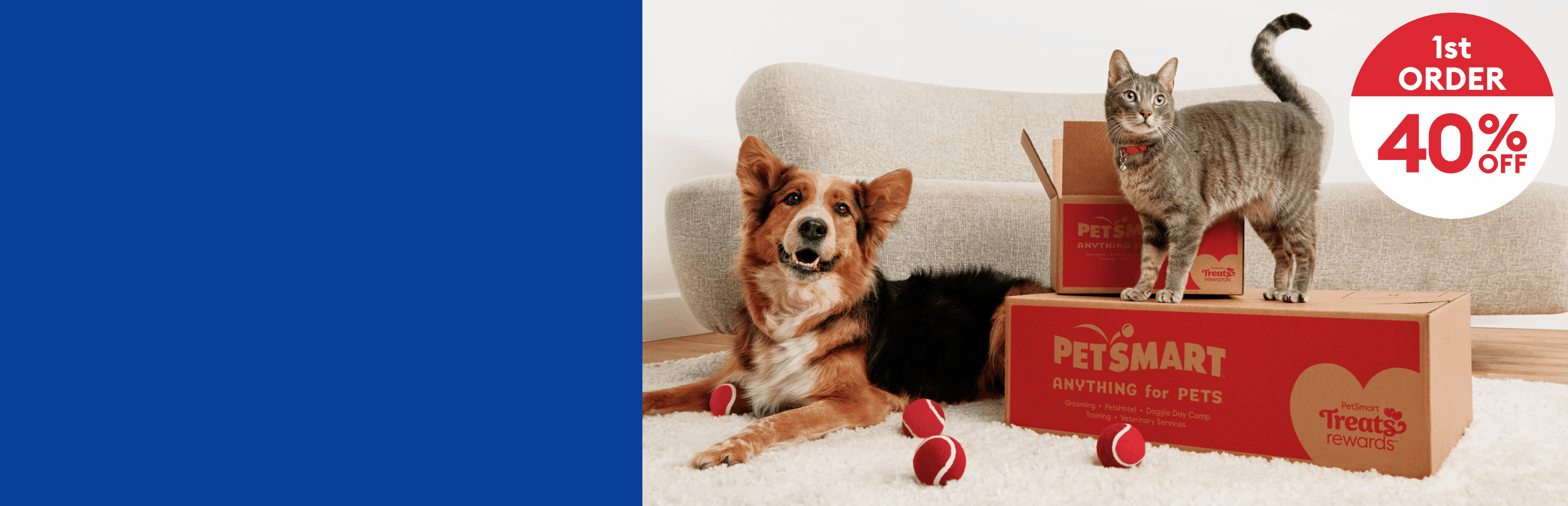 Dog lying with red balls next to a cat on PetSmart boxes & a badge that reads, 1st Order 40% Off,  2nd Order 20% Off, 3rd Order 10% Off