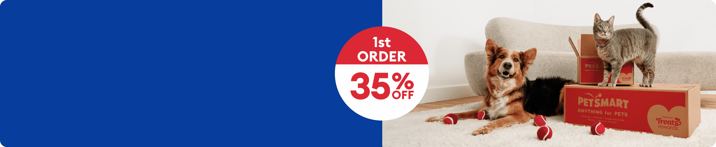 Dog & cat with PetSmart shipping boxes & toys and the callout, 35% off 1st order, 20% off 2nd order, 10% off 3rd order