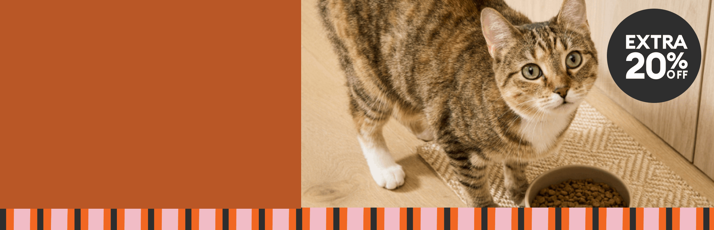 Tabby cat beside a bowl of food with a callout that reads, extra 20% off last day