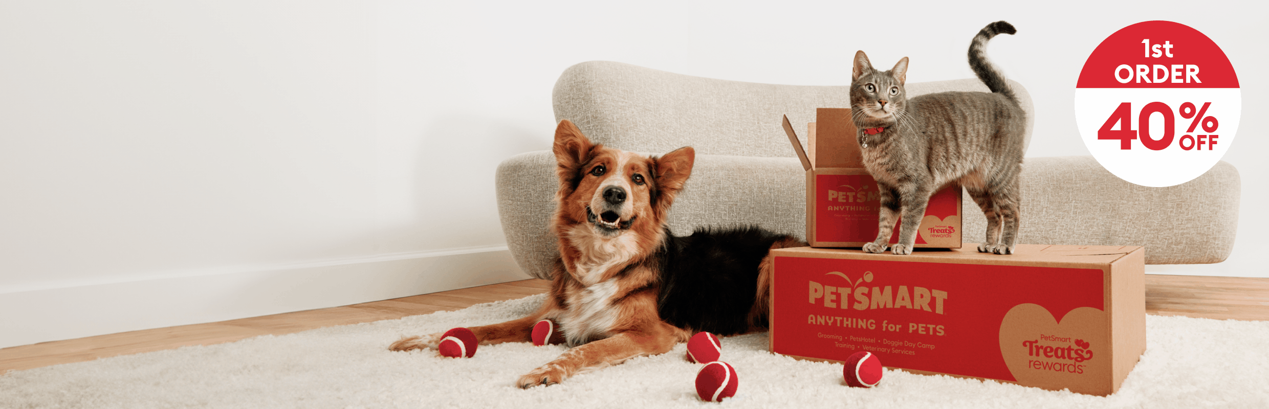 Dog & cat with PetSmart shipping boxes & toys and the callout, 40% off 1st order, 20% off 2nd order, 10% off 3rd order