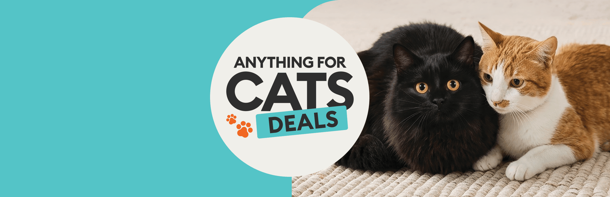 Anything for Cats Deals 10X points callout and two cats lying together on a rug
