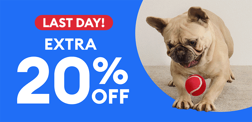 Extra 20% off with code SAVE20 message, last day callout and an animation of different pets