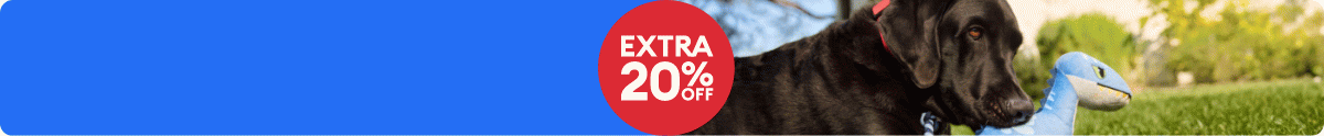Black lab with dinosaur toy & EXTRA 20% OFF callout
