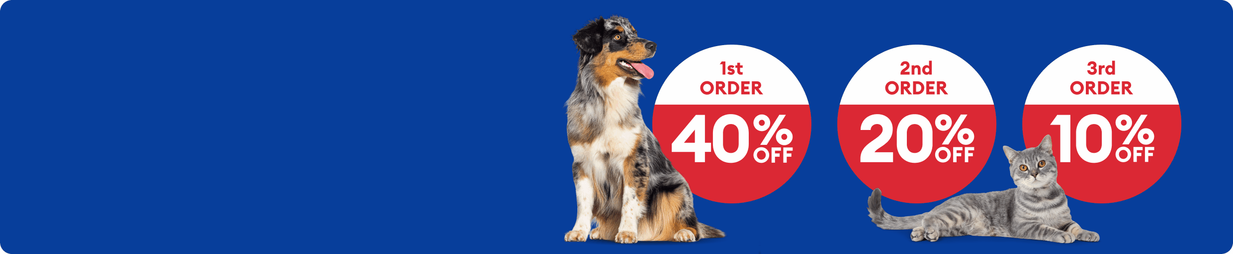 Dog and cat with circles: 1st order 40% OFF, 2nd order 20% off, 3rd order 10% OFF