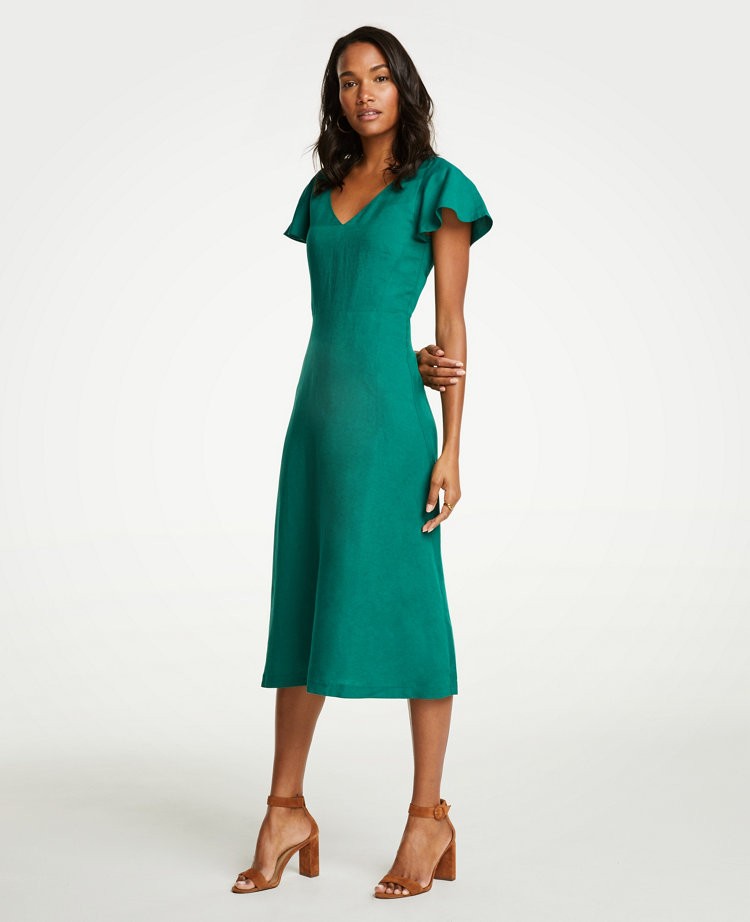 ANN TAYLOR FLUTTER SLEEVE LINEN BLEND MIDI DRESS,468652