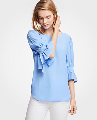 ANN TAYLOR PETITE SHIRRED BOW SLEEVE TOP,469782