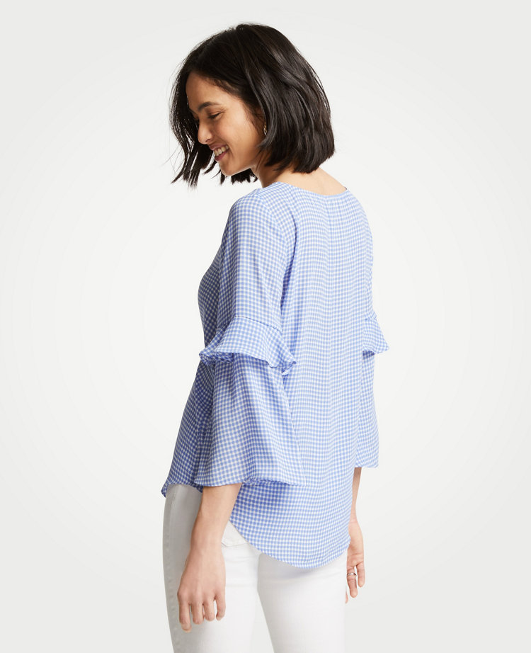 Gingham Ruffle Flounce Sleeve Blouse 