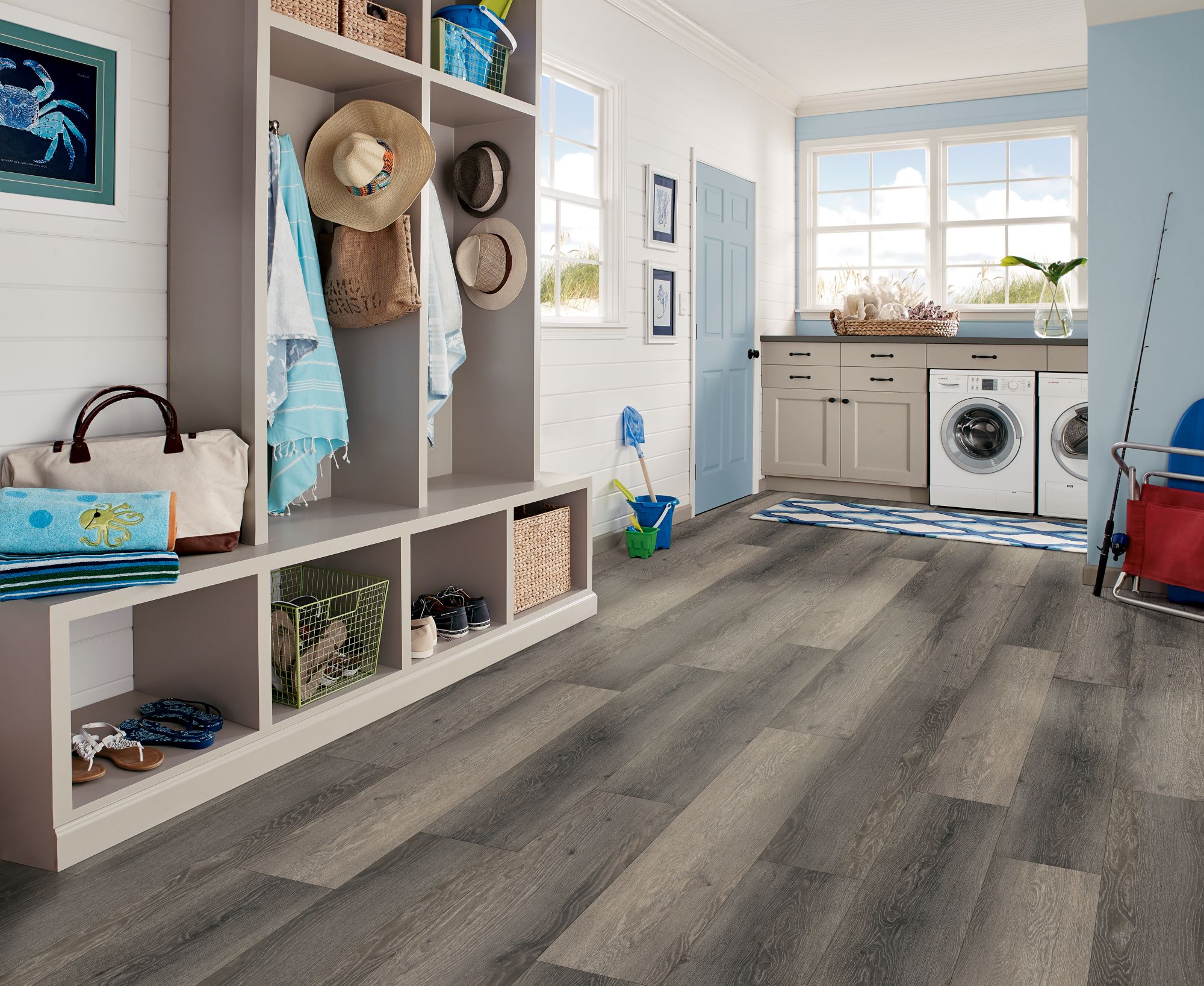 Wooden floor in a laundry room.