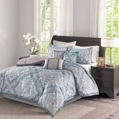 madison park genevieve blue 7 piece queen comforter set 90 in.x 90 in