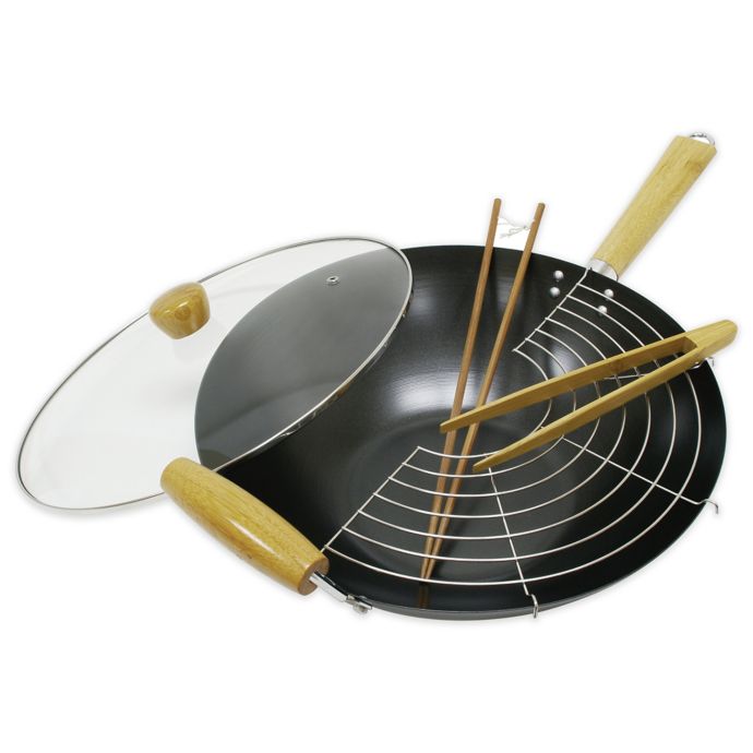 Chopsticks Tong & Rack *New* Nonstick 5pc Piece 14in Inch Wok Set w Glass Lid 
