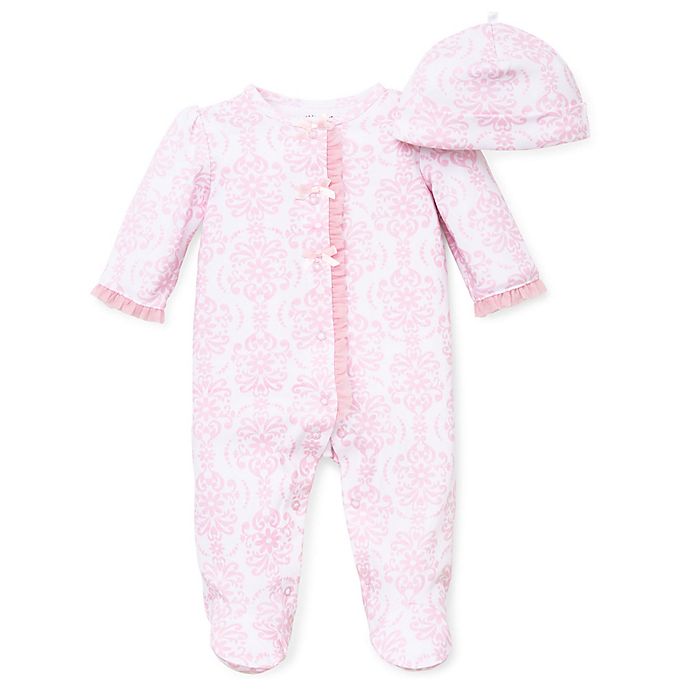 Little Me® Preemie 2-Piece Damask Scroll Footie and Hat Set in Pink