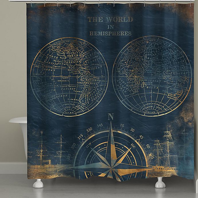 Laural Home Golden Compass World Map Shower Curtain in Blue