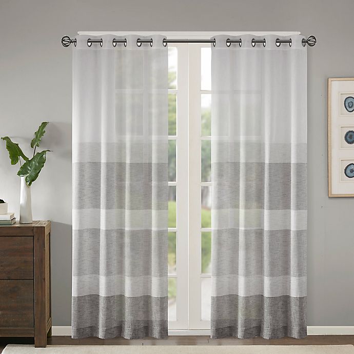 Madison Park Hayden Striped Sheer 84-Inch Grommet Top Window Curtain Panel in Grey (Single)