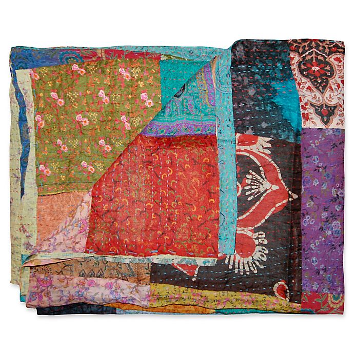 Kantha Quilted Silk Throw in Black and Red