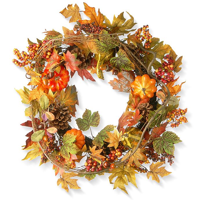 National Tree 24-Inch Decorated Maple Leaf Wreath in Orange