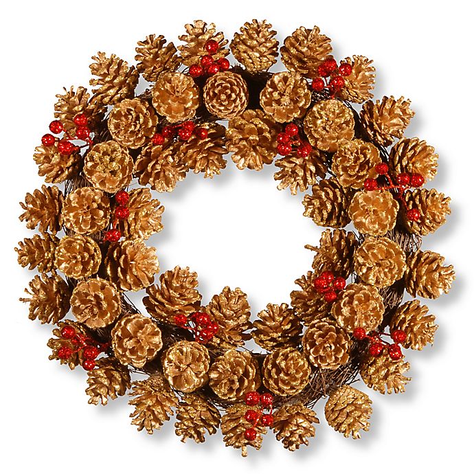 Glittered Pinecone and Gold Berries Thanksgiving Wall Door Welcome Wreath 
