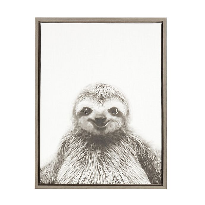 Kate and Laurel Sylvie Sloth 18-Inch x 24-Inch Grey Framed Canvas Wall Art
