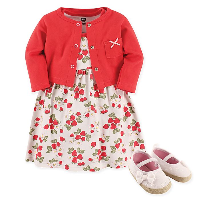 Hudson Baby® Strawberries 3-Piece Dress, Cardigan and Shoe Set in Red