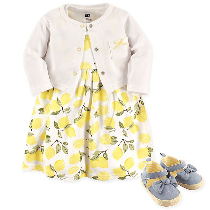 Hudson Baby® Size 3-6M 4-Piece Lemons Dress, Cardigan and Shoe Set in Yellow