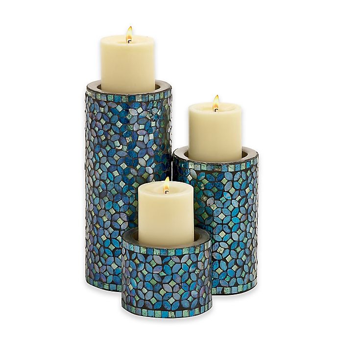 Ridge Road Décor  3-Piece Metal Mosaic Candle Holder Set in Turquoise