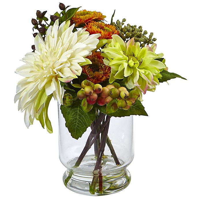 Nearly Natural 12-Inch Mixed Dahlia and Mum Arrangement in Glass Vase