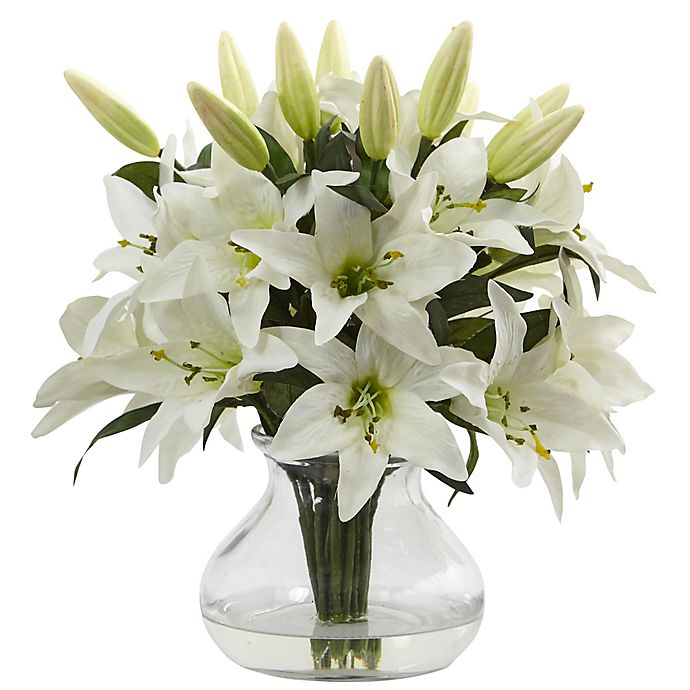 Nearly Natural 13.5-Inch Lily Arrangement in Glass Vase